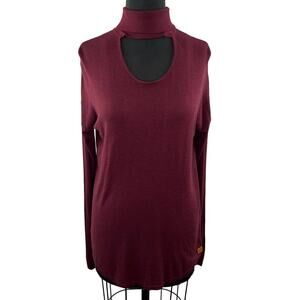 NWT Peace Love World Red Burgundy Cut Out Choker Neck Long Sleeve Blouse Top XS